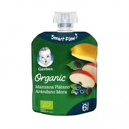 Comprar gerber organic bolsita puré manzana, plátano, arándano y mora 90 g